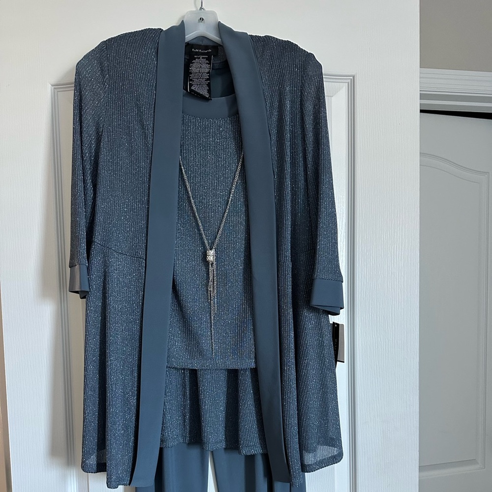 R&M Richard’s sparkly dusty blue pantsuit with jacket